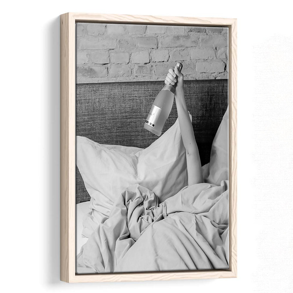 Woman Drinking Wine in Bed Print, Alcohol Framed Canvas Print Wall Art, Black and White, Dorm Room Wall Decor