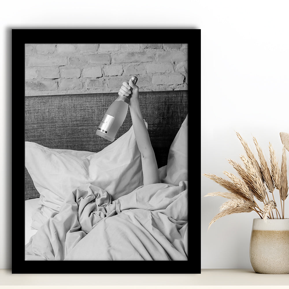 Woman Drinking Wine in Bed Print, Alcohol Framed Art Print Wall Decor, Black and White, Dorm Room Wall Decor