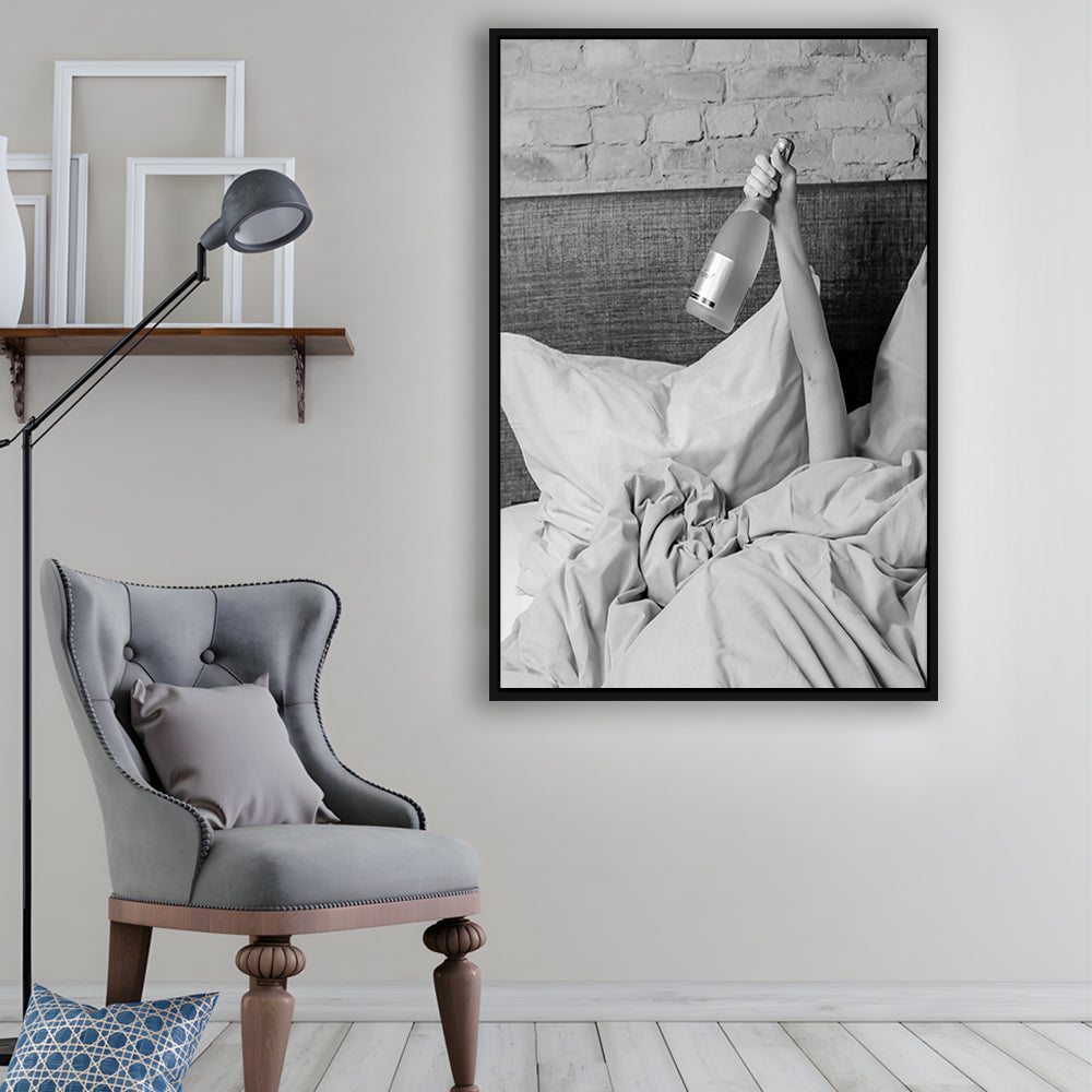 Woman Drinking Wine in Bed Print, Alcohol Framed Canvas Print Wall Art, Black and White, Dorm Room Wall Decor
