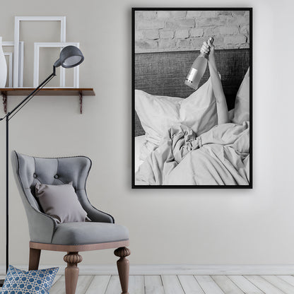 Woman Drinking Wine in Bed Print, Alcohol Framed Canvas Print Wall Art, Black and White, Dorm Room Wall Decor