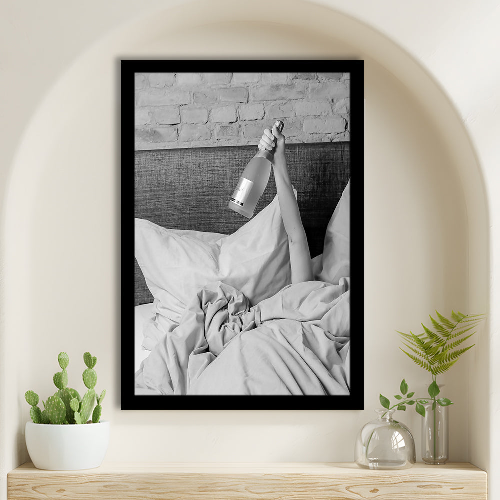 Woman Drinking Wine in Bed Print, Alcohol Framed Art Print Wall Decor, Black and White, Dorm Room Wall Decor