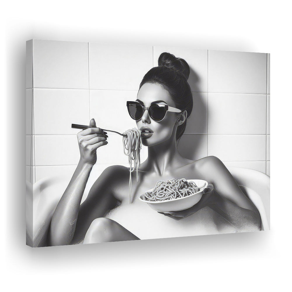 Woman Eating Spaghetti in Bathtub Canvas Print Wall Art, Woman Eating Pasta Print, Black and White, Bathroom Retro Decor