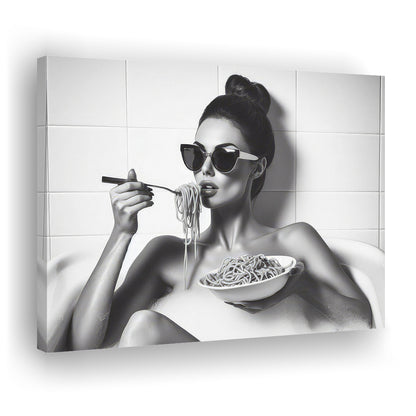 Woman Eating Spaghetti in Bathtub Canvas Print Wall Art, Woman Eating Pasta Print, Black and White, Bathroom Retro Decor