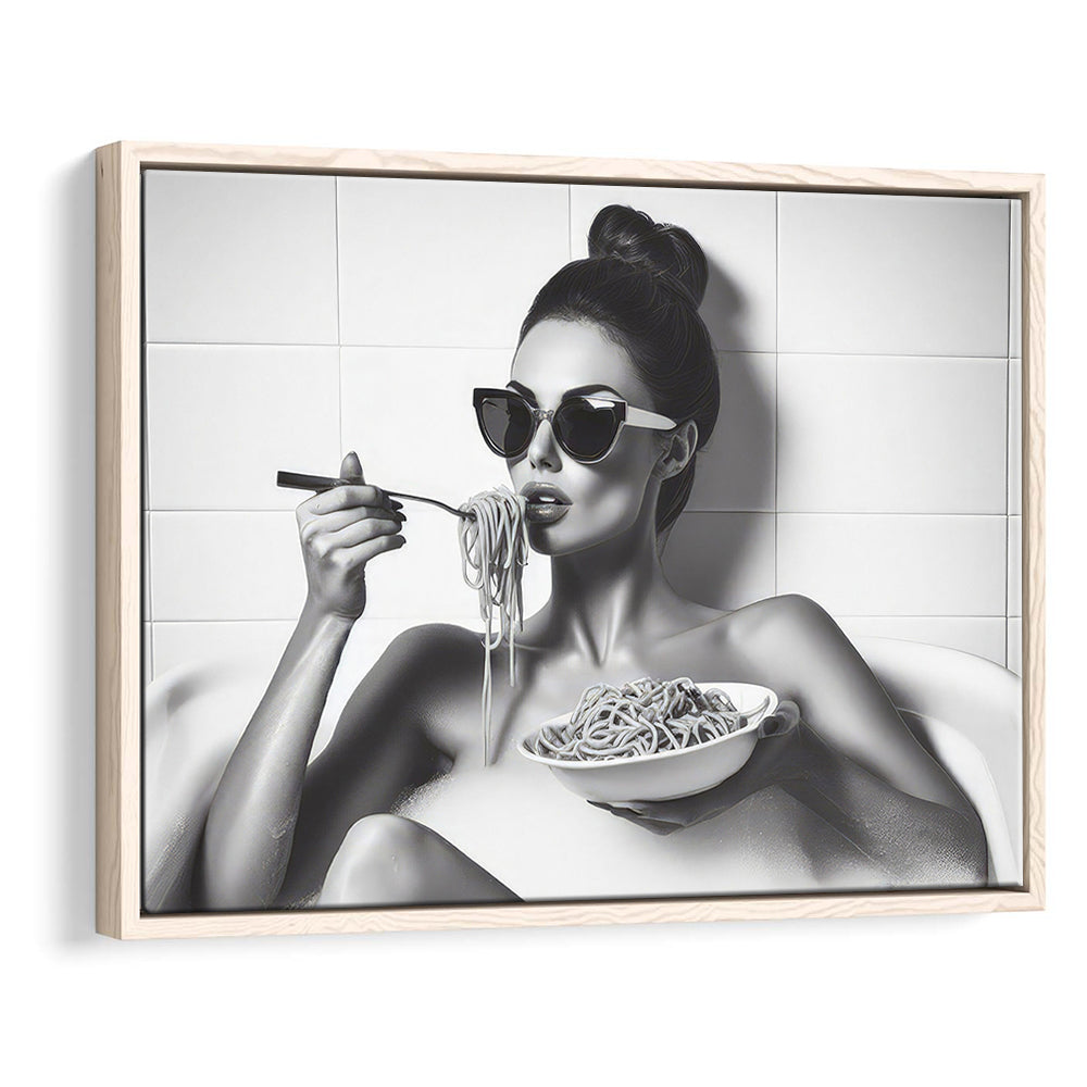 Woman Eating Spaghetti in Bathtub Framed Canvas Print Wall Art, Woman Eating Pasta, Black and White, Bathroom Retro Decor