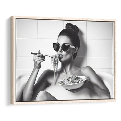 Woman Eating Spaghetti in Bathtub Framed Canvas Print Wall Art, Woman Eating Pasta, Black and White, Bathroom Retro Decor