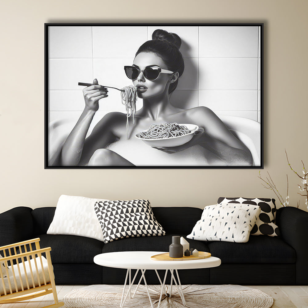 Woman Eating Spaghetti in Bathtub Framed Canvas Print Wall Art, Woman Eating Pasta, Black and White, Bathroom Retro Decor