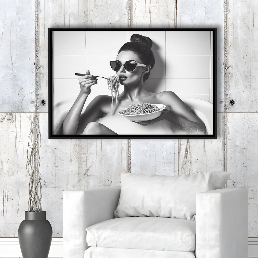 Woman Eating Spaghetti in Bathtub Framed Canvas Print Wall Art, Woman Eating Pasta, Black and White, Bathroom Retro Decor