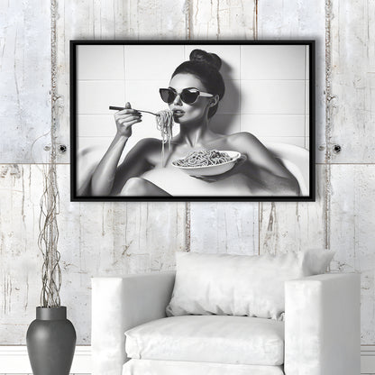 Woman Eating Spaghetti in Bathtub Framed Canvas Print Wall Art, Woman Eating Pasta, Black and White, Bathroom Retro Decor