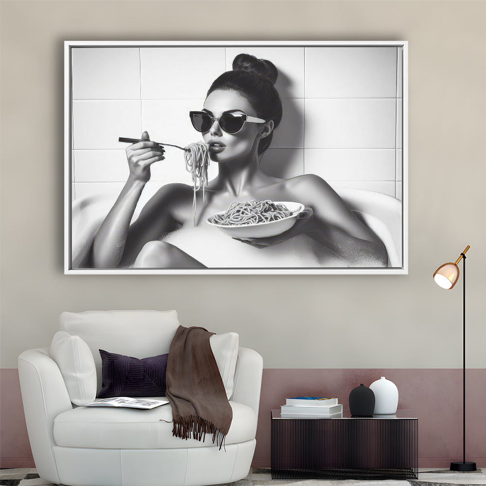 Woman Eating Spaghetti in Bathtub Framed Canvas Print Wall Art, Woman Eating Pasta, Black and White, Bathroom Retro Decor