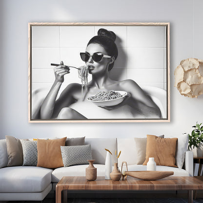 Woman Eating Spaghetti in Bathtub Framed Canvas Print Wall Art, Woman Eating Pasta, Black and White, Bathroom Retro Decor
