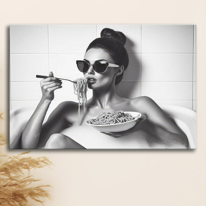 Woman Eating Spaghetti in Bathtub Canvas Print Wall Art, Woman Eating Pasta Print, Black and White, Bathroom Retro Decor