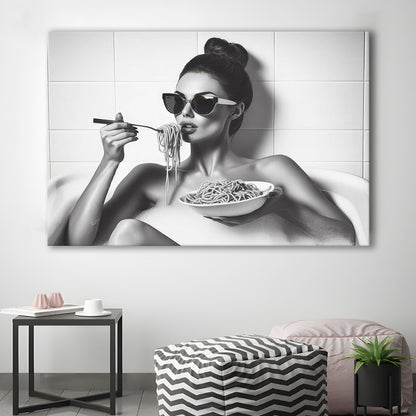 Woman Eating Spaghetti in Bathtub Canvas Print Wall Art, Woman Eating Pasta Print, Black and White, Bathroom Retro Decor