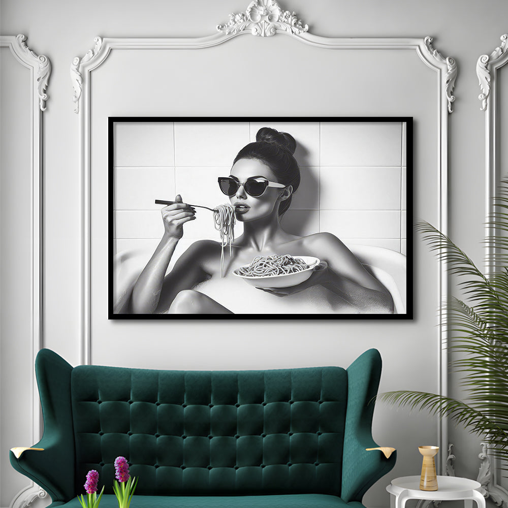 Woman Eating Spaghetti in Bathtub Framed Art Print Wall Decor, Woman Eating Pasta, Black and White, Bathroom Retro Decor