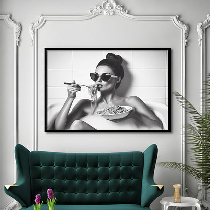Woman Eating Spaghetti in Bathtub Framed Art Print Wall Decor, Woman Eating Pasta, Black and White, Bathroom Retro Decor