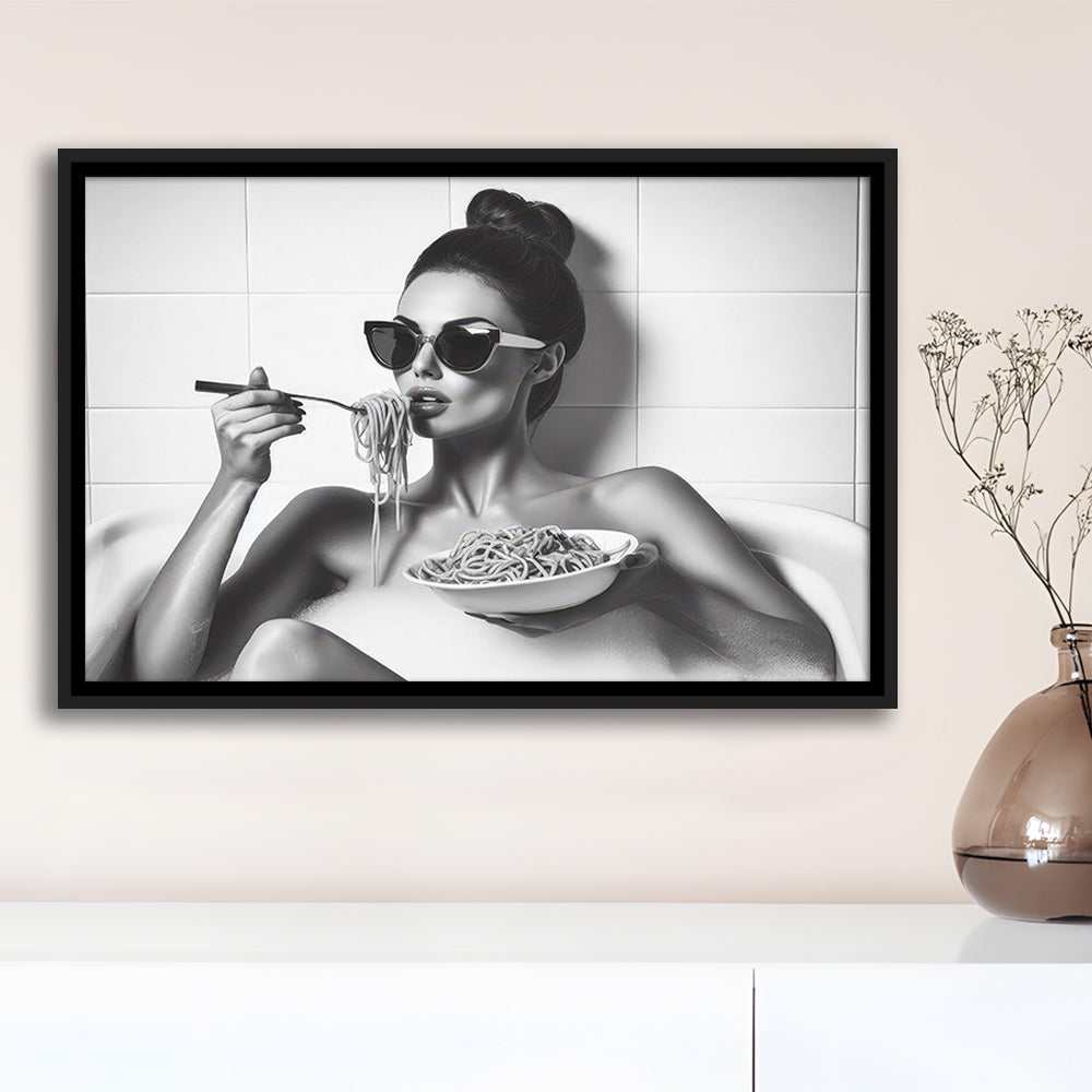 Woman Eating Spaghetti in Bathtub Framed Canvas Print Wall Art, Woman Eating Pasta, Black and White, Bathroom Retro Decor