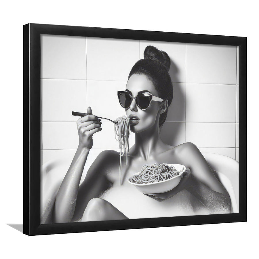 Woman Eating Spaghetti in Bathtub Framed Art Print Wall Decor, Woman Eating Pasta, Black and White, Bathroom Retro Decor