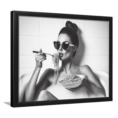 Woman Eating Spaghetti in Bathtub Framed Art Print Wall Decor, Woman Eating Pasta, Black and White, Bathroom Retro Decor
