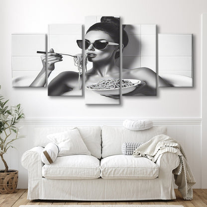 Woman Eating Spaghetti in Bathtub Mixed Canvas Print Wall Art, Woman Eating Pasta, Black and White, Bathroom Retro Decor