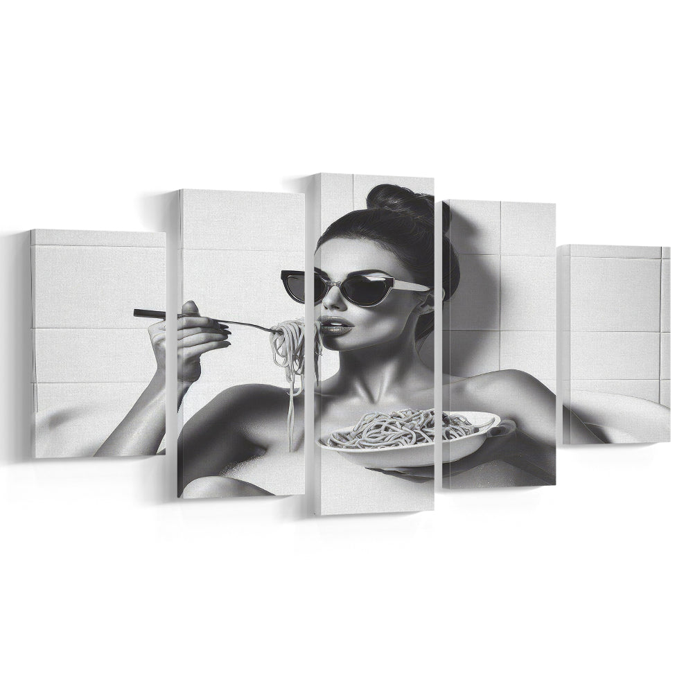 Woman Eating Spaghetti in Bathtub Mixed Canvas Print Wall Art, Woman Eating Pasta, Black and White, Bathroom Retro Decor