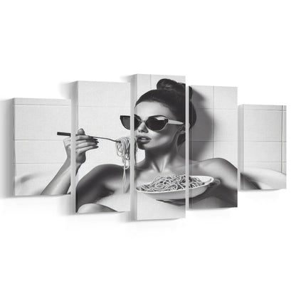 Woman Eating Spaghetti in Bathtub Mixed Canvas Print Wall Art, Woman Eating Pasta, Black and White, Bathroom Retro Decor