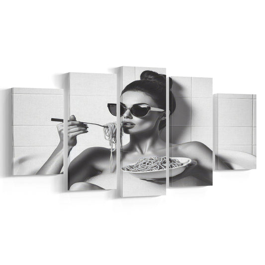 Woman Eating Spaghetti in Bathtub Mixed Canvas Print Wall Art, Woman Eating Pasta, Black and White, Bathroom Retro Decor