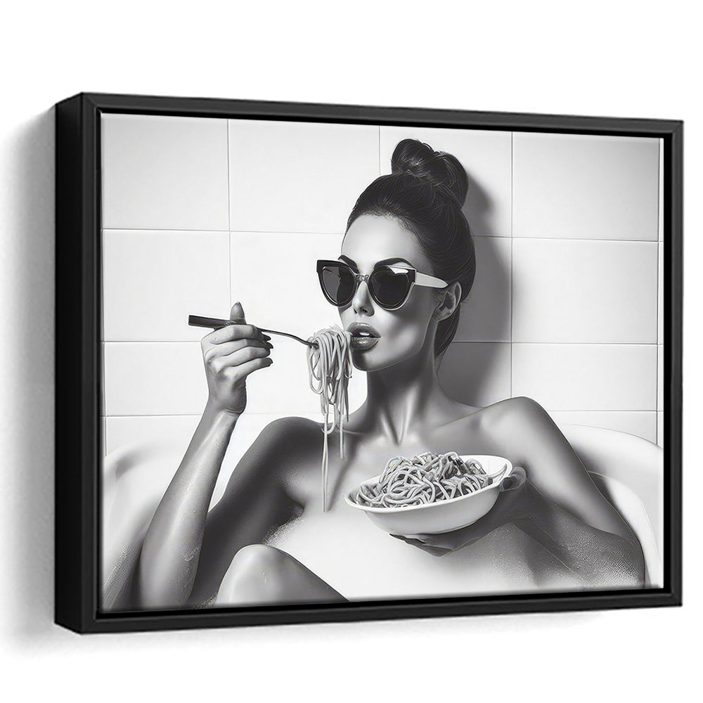 Woman Eating Spaghetti in Bathtub Framed Canvas Print Wall Art, Woman Eating Pasta, Black and White, Bathroom Retro Decor