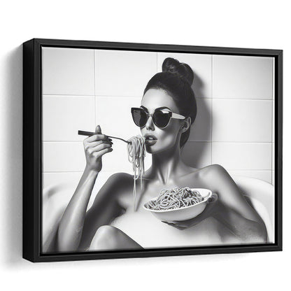 Woman Eating Spaghetti in Bathtub Framed Canvas Print Wall Art, Woman Eating Pasta, Black and White, Bathroom Retro Decor