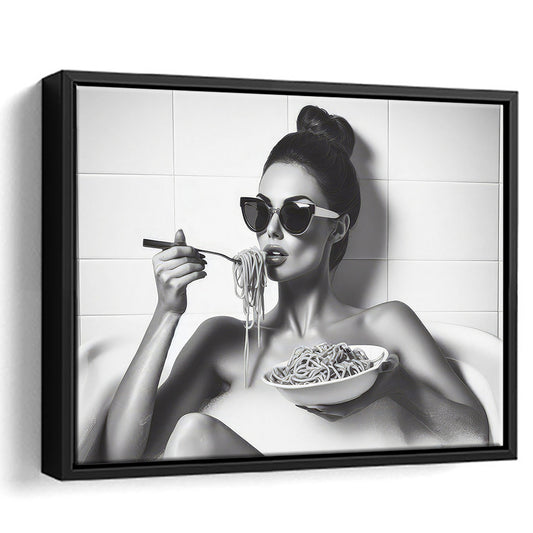 Woman Eating Spaghetti in Bathtub Framed Canvas Print Wall Art, Woman Eating Pasta, Black and White, Bathroom Retro Decor