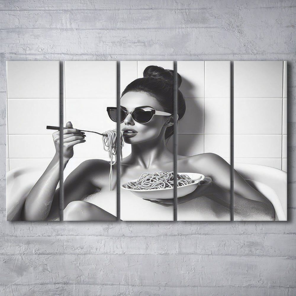 Woman Eating Spaghetti in Bathtub 5 Panels Canvas Print Wall Art, Woman Eating Pasta, Black and White, Bathroom Art