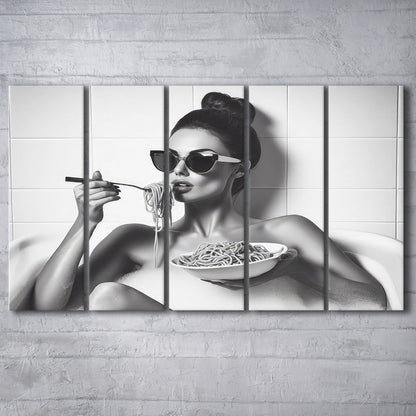 Woman Eating Spaghetti in Bathtub 5 Panels Canvas Print Wall Art, Woman Eating Pasta, Black and White, Bathroom Art