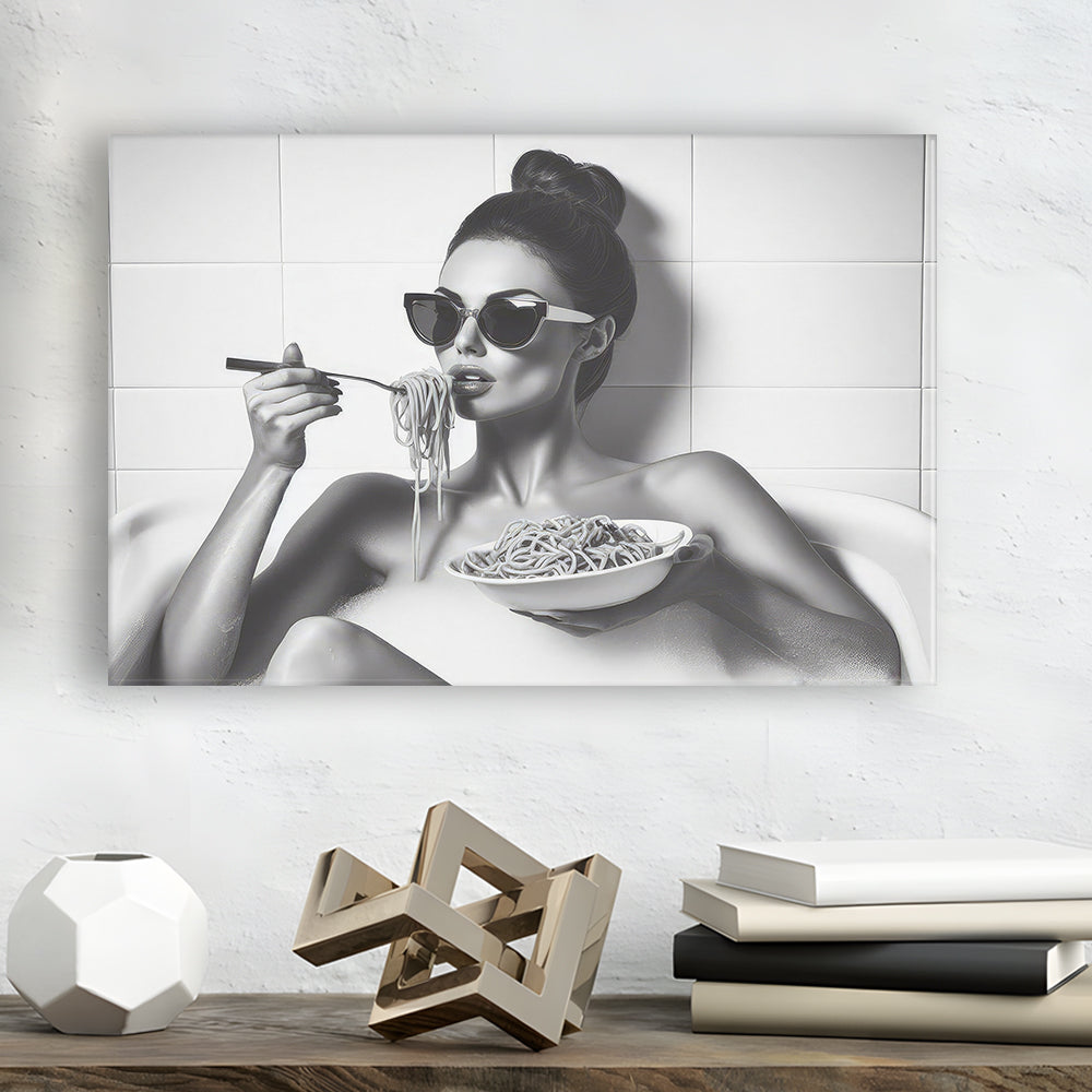 Woman Eating Spaghetti in Bathtub Canvas Print Wall Art, Woman Eating Pasta Print, Black and White, Bathroom Retro Decor