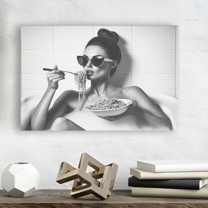 Woman Eating Spaghetti in Bathtub Canvas Print Wall Art, Woman Eating Pasta Print, Black and White, Bathroom Retro Decor