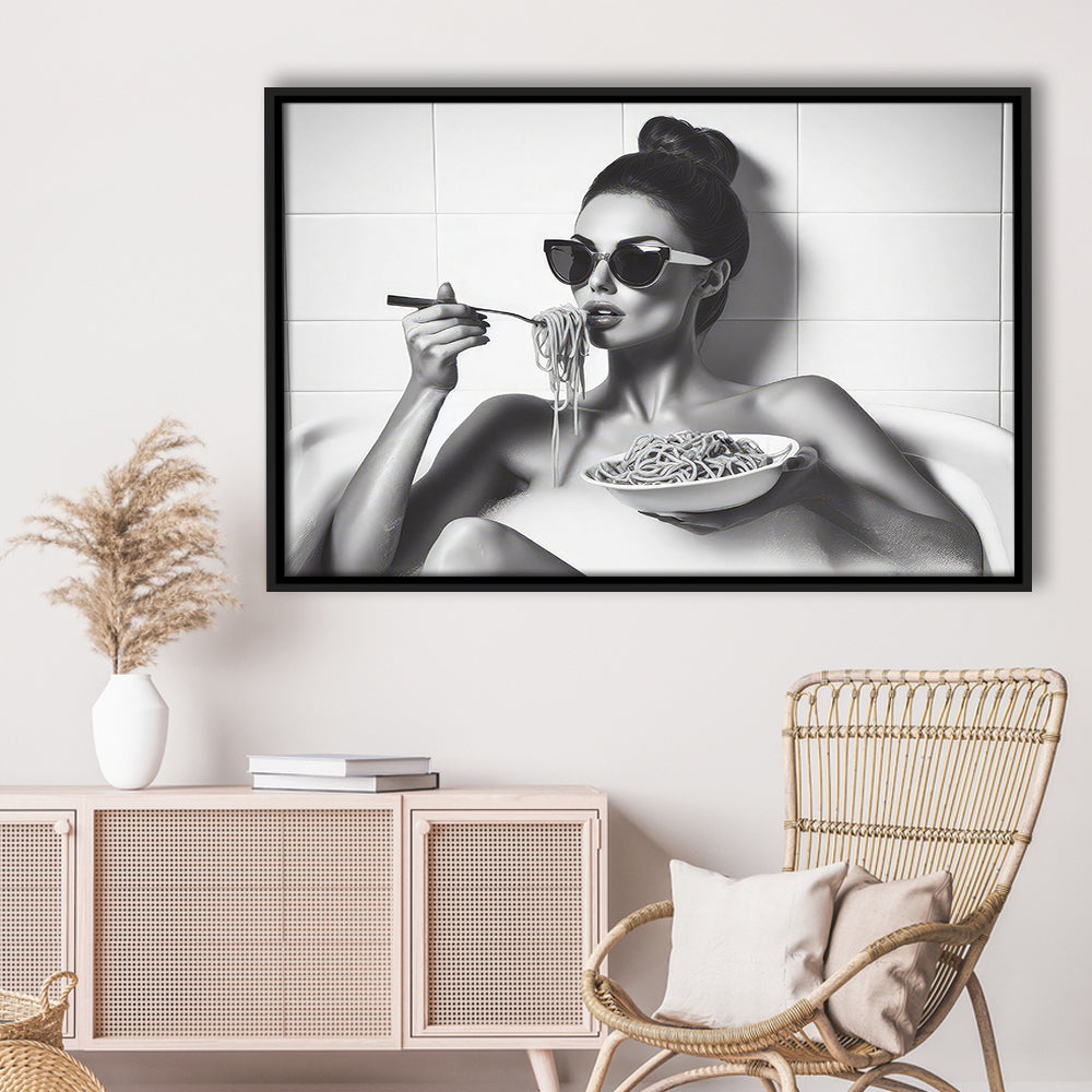 Woman Eating Spaghetti in Bathtub Framed Canvas Print Wall Art, Woman Eating Pasta, Black and White, Bathroom Retro Decor
