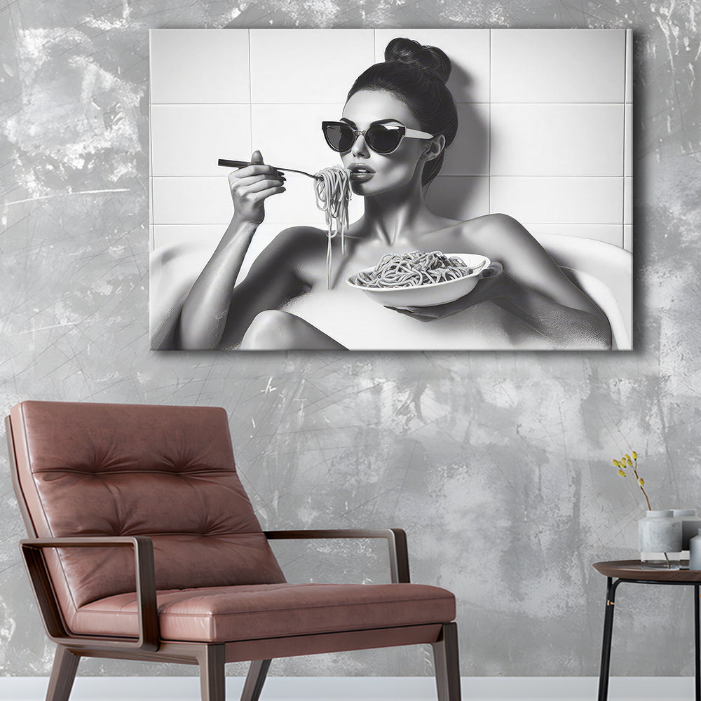 Woman Eating Spaghetti in Bathtub Canvas Print Wall Art, Woman Eating Pasta Print, Black and White, Bathroom Retro Decor