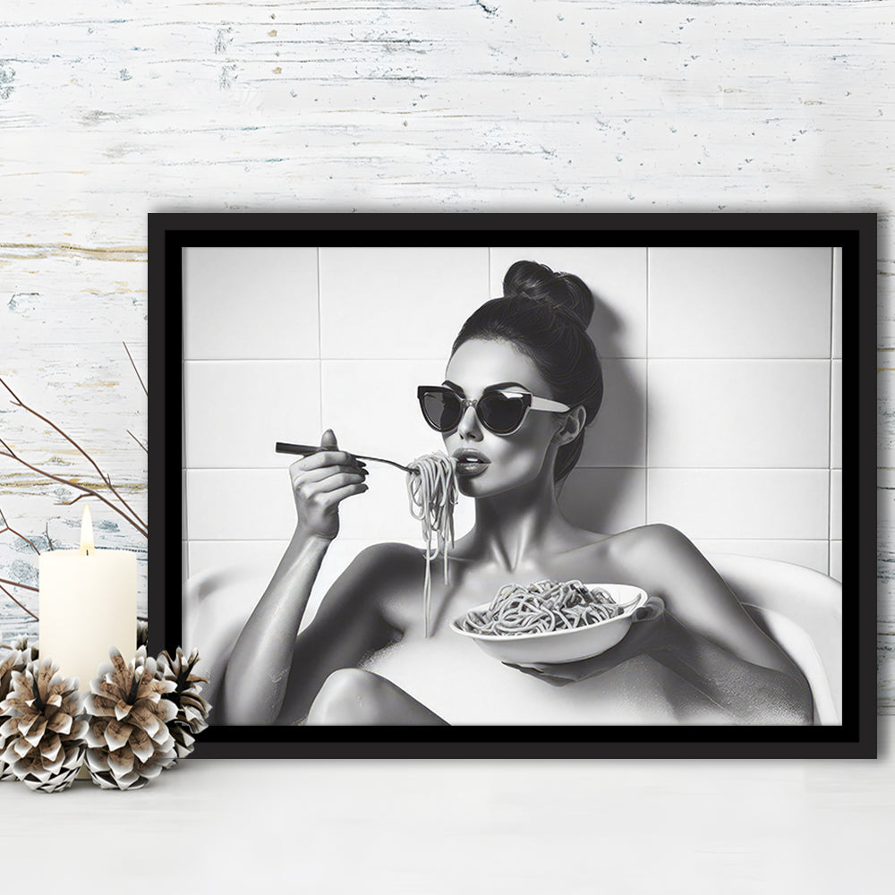 Woman Eating Spaghetti in Bathtub Framed Canvas Print Wall Art, Woman Eating Pasta, Black and White, Bathroom Retro Decor