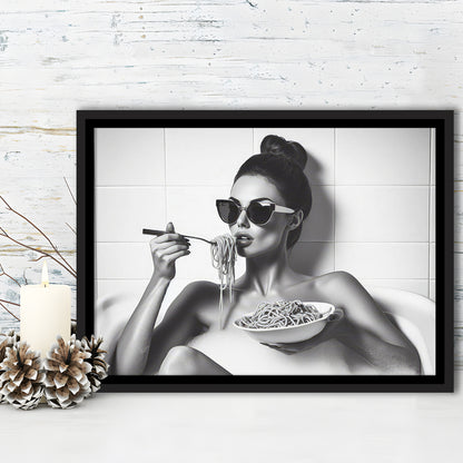 Woman Eating Spaghetti in Bathtub Framed Canvas Print Wall Art, Woman Eating Pasta, Black and White, Bathroom Retro Decor