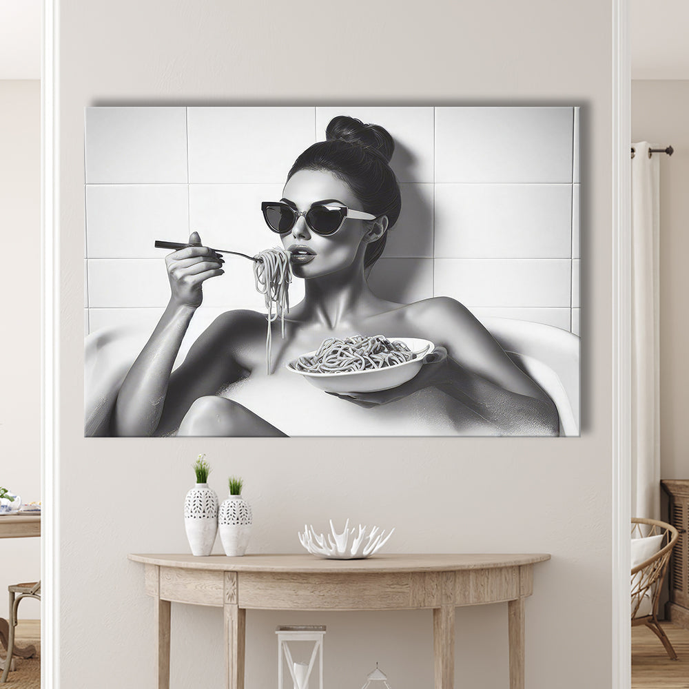 Woman Eating Spaghetti in Bathtub Canvas Print Wall Art, Woman Eating Pasta Print, Black and White, Bathroom Retro Decor