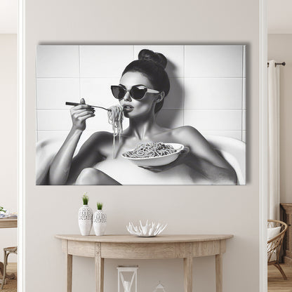 Woman Eating Spaghetti in Bathtub Canvas Print Wall Art, Woman Eating Pasta Print, Black and White, Bathroom Retro Decor
