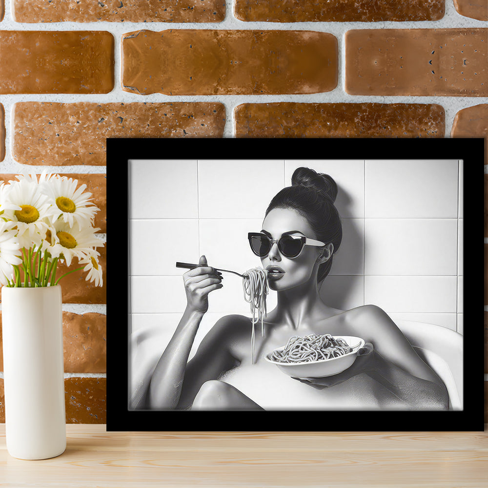 Woman Eating Spaghetti in Bathtub Framed Art Print Wall Decor, Woman Eating Pasta, Black and White, Bathroom Retro Decor