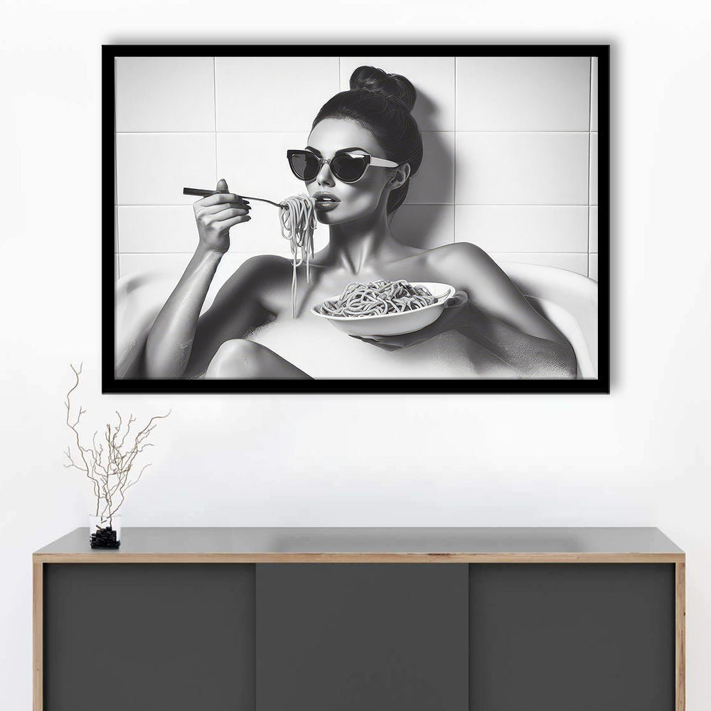 Woman Eating Spaghetti in Bathtub Framed Art Print Wall Decor, Woman Eating Pasta, Black and White, Bathroom Retro Decor