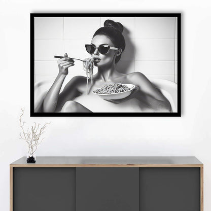 Woman Eating Spaghetti in Bathtub Framed Art Print Wall Decor, Woman Eating Pasta, Black and White, Bathroom Retro Decor