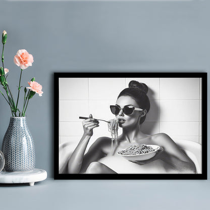 Woman Eating Spaghetti in Bathtub Framed Art Print Wall Decor, Woman Eating Pasta, Black and White, Bathroom Retro Decor