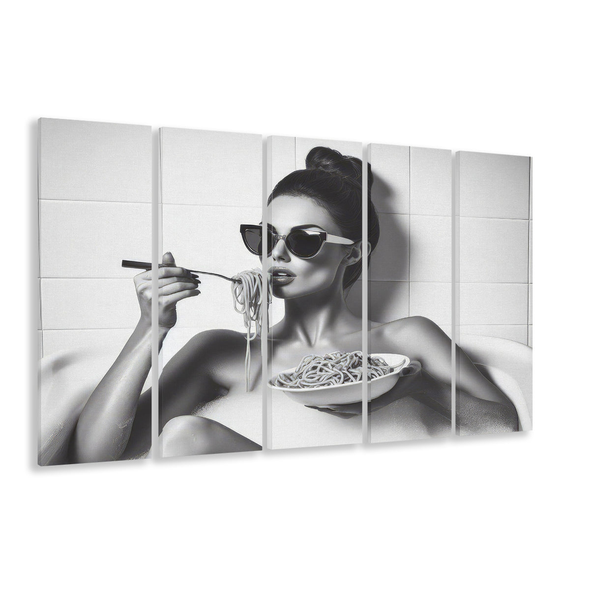 Woman Eating Spaghetti in Bathtub 5 Panels Canvas Print Wall Art, Woman Eating Pasta, Black and White, Bathroom Art
