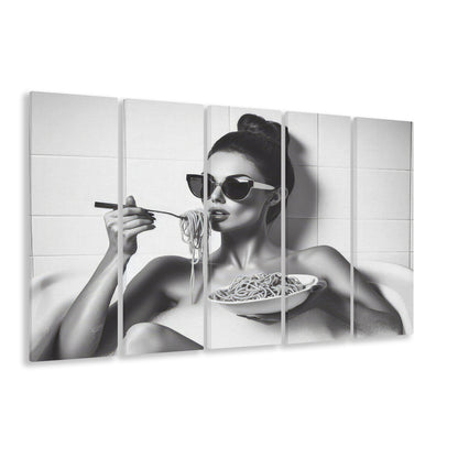 Woman Eating Spaghetti in Bathtub 5 Panels Canvas Print Wall Art, Woman Eating Pasta, Black and White, Bathroom Art