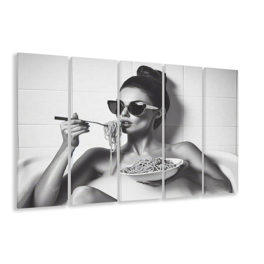 Woman Eating Spaghetti in Bathtub 5 Panels Canvas Print Wall Art, Woman Eating Pasta, Black and White, Bathroom Art