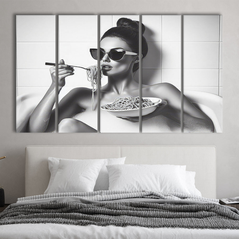 Woman Eating Spaghetti in Bathtub 5 Panels Canvas Print Wall Art, Woman Eating Pasta, Black and White, Bathroom Art