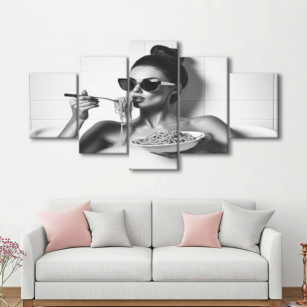 Woman Eating Spaghetti in Bathtub Mixed Canvas Print Wall Art, Woman Eating Pasta, Black and White, Bathroom Retro Decor