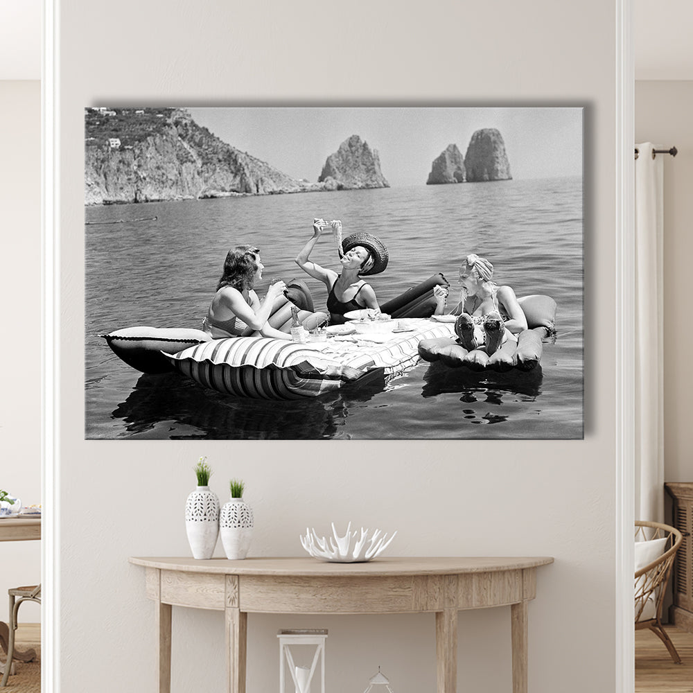Woman Eating Spaghetti on Lake Print, Black and White, Dining Room Wall Decor, Canvas Print Wall Art Decor