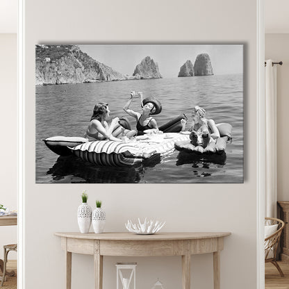 Woman Eating Spaghetti on Lake Print, Black and White, Dining Room Wall Decor, Canvas Print Wall Art Decor