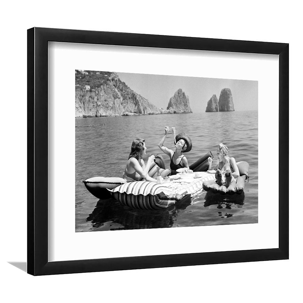 Woman Eating Spaghetti on Lake Print, Black and White, Dining Room Wall Decor, Framed Art Print White Border Wall Decor